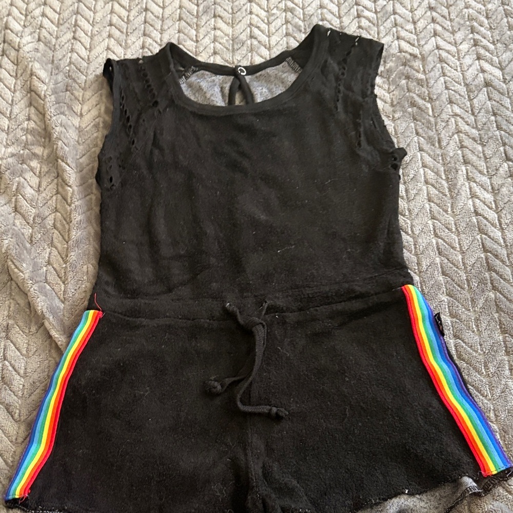 T2 Love Black Romper with Rainbow Stripes